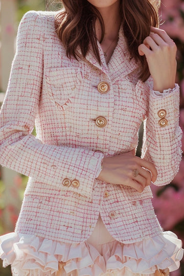 Ruffled Light Pink Long Sleeve Tweed Tea Party Dress